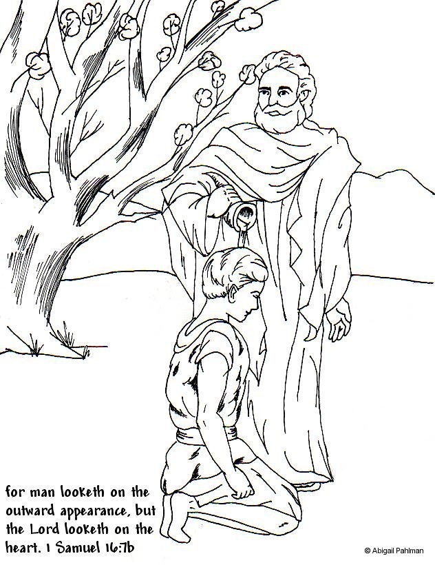 Samuel Anoints David coloring page with memory verse found in 1 Samuel 16 7b