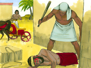 Moses saw one of the Hebrews being badly beaten by an Egyptian