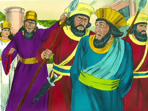 The King yelled and servants
came running to hold Haman back from the Queen