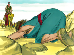 Jacob ran in front
of them to meet Esau bowing seven times as he made his approac