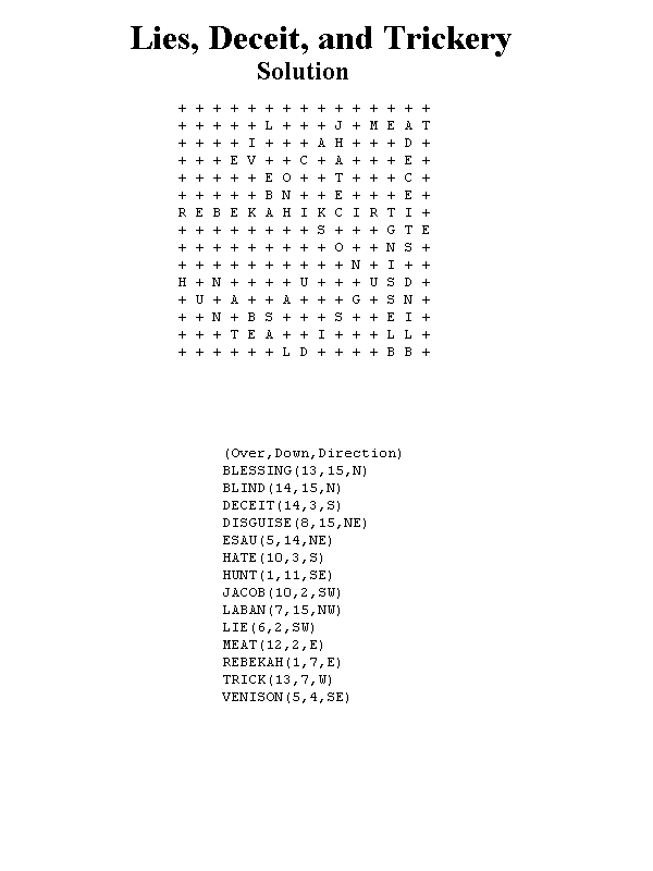 Solution to Word Search Puzzle for Lies Deceit and Trickery