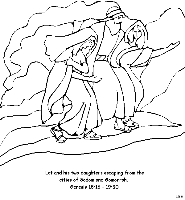 Lot and his two daughters escaping from the cities of Sodom and Gomorrah from the Bible story as told in Genesis 18