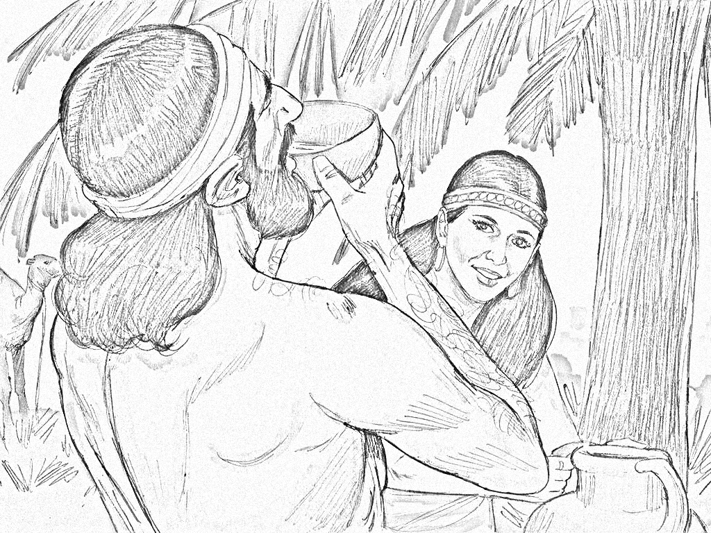 Rebekah giving a drink to Eliezer
