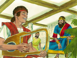 David went and got his harp and began playing
some very soothing music
