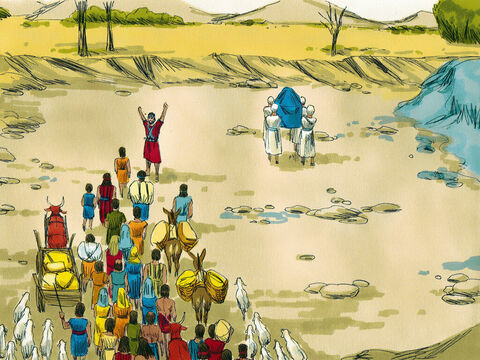 The priests carrying the Ark stood in the middle of the Jordan until all people and animals were safely across