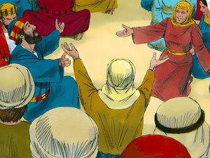All the disciples and other friends of Jesus gathered in a big room to hear the story of Jesus
being taken away in the clou