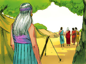 Abraham walks along beside the three strangers
