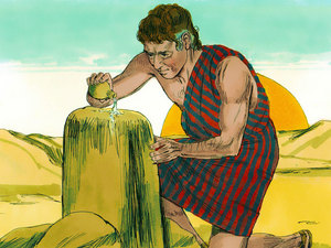 When morning finally came Jacob took the stone he had been using for a pillow
and set it upright making a pillar out of it and then he poured oil
on it