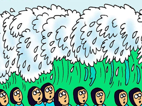 There were walls of water on both sides of the path and the wind blew so hard it dried up the seabed so that the Israelites could go through on dry land
