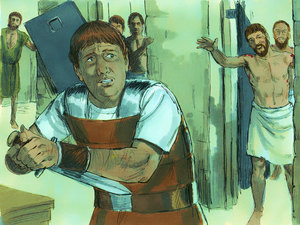 All the chains had
fallen off the hands and feet of the prisoners