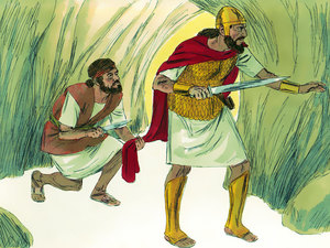 Lifting up his knife David cut off the skirt of Saul\'s robe