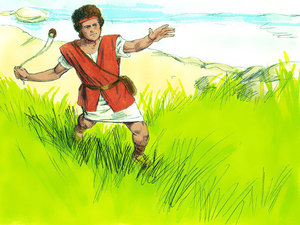  David began to swing his slingshot in the air