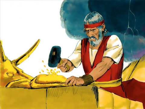 Moses took the two tablets of stone and threw them down so hard against a rock at the foot of the mountain that they shattered into pieces