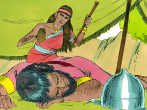 Jael covered Sisera with a blanket and he went to sleep
