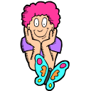 Curly haired boy lying down with head in his hands smiling and watching a colorful butterfly
