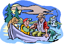 man, boy, and dog fishing