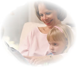 Mom and child reading a Bible story